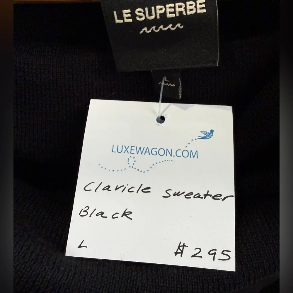Le Superbe Size L Black Merino Wool Cowl Neck Sweater NWT